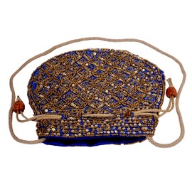 Purpledip Bolsa Potli (bolso con cordón): bordado de lentejuelas de hilo dorado, Azul, L