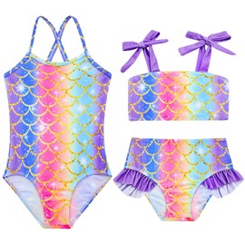 Kids4ever Costume da Bagno Bambina 3 Pezzi, Intero Stampa Sirena, Bretelle Regolabili, Asciugatura Rapida, Traspirante, Bikini, 6-7 Anni