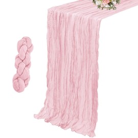 Pink Table Runner, Cheesecloth Table Runner, 90 x 300 cmTable Runners for Dining Table Weddings and Parties Elegant Wrinkle Texture Design, Includes Drawstring Pouch Inches Table Decoration