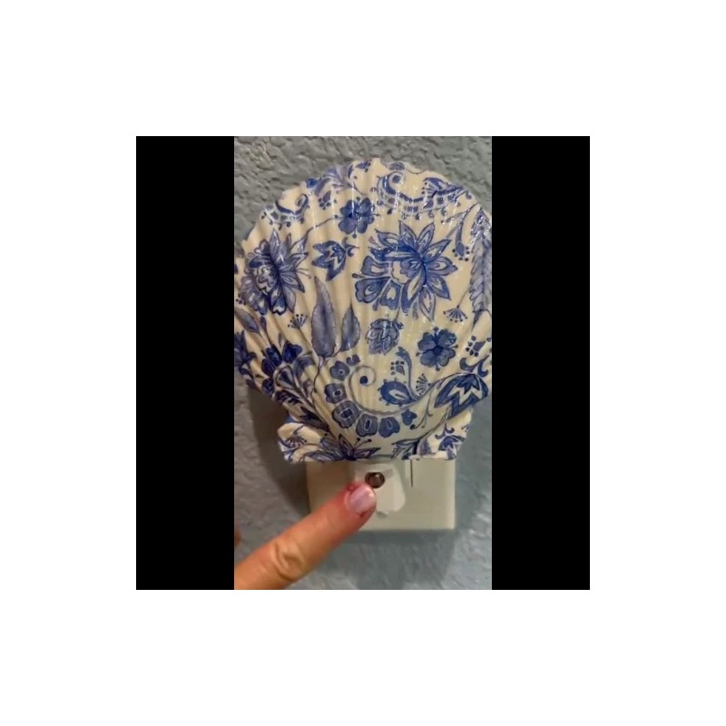 Blue Floral Nightlight Scallop Shell Coastal Decoupage Shell Art -