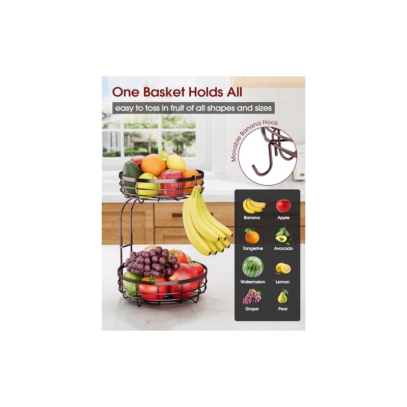 Sakugi Fruit Basket for Kitchen Counter - 2-Tier Large Capacity