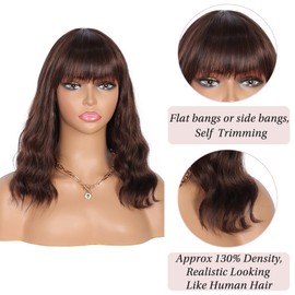 Kalyss 14" Synthetic Brown Highlights Wigs with Hair Bangs Short Wavy Curly Wig for Women Natural Looking and Heat Resistant Full Head Hair Replacement Wig for Daily Wear or Costume Wig