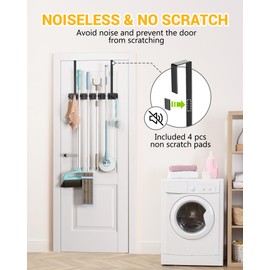 Lorbro Broom Holder Door Mount, Over the Door Broom and Mop Holder with 2 Over Door Hooks, Wood Broom Hanger, Tool Rack Organizer for Laundry, Garage, Closet, Kitchen Decor, 4 Slots & 4 Hooks Rustic