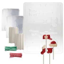 Cybrtrayd Assorted Christmas Lollies Christmas Chocolate Mold with Lollipop Kit, Includes 50 Lollipop Sticks, 50 Cello Bags, 25 Red and 25 Green Twist Ties