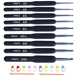 Ergonomic Crochet Hook Set, Blue Handle Crochet Knitting Needles Kit 2.0 mm - 6.0 mm, Crochet Hooks with Needles and Stitch Markings for Arthritic Hands, Chunky Ergonomic Metal Crochet Hook Set