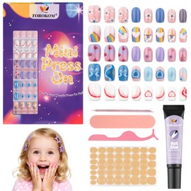 130PCS Kids Press on Nails, TOROKOM Fake Nails Set Short Square Glue on Nails for Girls Gift 8-12 Age, Heart Flower Butterfly Stick on Nails for Kids with Jelly Nail Adhesives & Glue