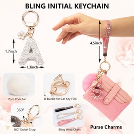 Initial Letter Keychain Bling Rhinestone Sparkly Pom Pom Bow Pendant Key Ring Car Purse Handbags Backpack Bag Charms Women Girl Girly Wristlet Key Chains Accessories (K keychain white)