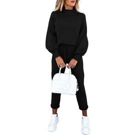 Women's 2 Piece Outfits Lantern Sleeve Sweatshirt Matching Sweatpants Set Jogger Tracksuit Black L