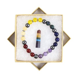 Energy Infused Chakra Kit Feat. Gemstone Bracelet And Crystal Obelisk - Portable Chakra Healing Crystals Set - Red Jasper, Peach Aventurine, Quartz, Green Aventurine, Turquoise, Lapis Lazuli, Amethyst