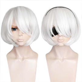 ANOGOL Hair Cap+ Short Bob Pure White Cosplay Wig Costume Hair For Party