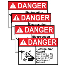 ComplianceSigns.com Danger Electrocution Hazard Crane ANSI Label Decal, 5x3.5 inch 4-Pack Vinyl for Worksite Pipeline/Utility