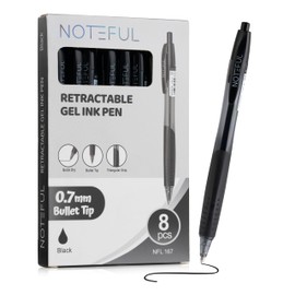 NOTEFUL Retractable Tri Grip Gel Pen For Journaling, Smooth Writing, Black Gel Ink Medium Point Pens (0.7 mm), Pack of 8