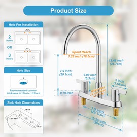 Cinwiny 3 Hole Kitchen Faucets 2 Handle RV Kitchen Sink Faucet High Arc 360°Rotating Spout 8 Inch Kitchen Faucet Without Side Sprayer,Polish Chrome