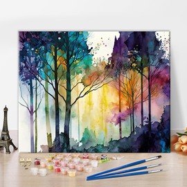 Paint by Numbers Kit for Adults Beginner,Watercolor Forest Scene Adult Paint by Number Kits on Canvas, Trees Shades Hues Natural Textures DIY Oil Paint by Number for Adults for Home Decor 16x20 Inch