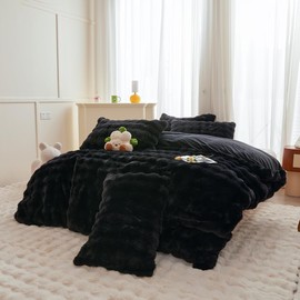 chovy Black Rabbit Plush Faux Fur Bread Grid Comforter Sets King - 3PC Bed Set Ultra Warm Soft Skin Friendly Flannel Velvet Fluffy Fuzzy Bedding（Comforter x 1 Pillowcases x 2）