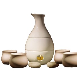 White Bone Ceramic Sake Set with 4 Cups Distilled Spirits Pot Wine Warmer or Cold Carafe Decanter
