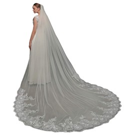 EllieHouse 2 Tier Cathedral Length Sequin Lace Wedding Bridal Veil L102 White