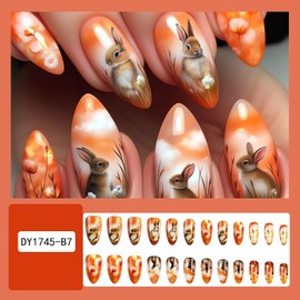 Almond Press on Nails Rabbit Design Fake Nails Gradient Orange Cute Bunny Glue on Nails Easter Day Nail Art Decorations Medium Length Flower Rabbit Easter Stick on Nails for Women Finger Manicure