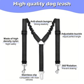 1PCS Adjustable Double Dog Seat Belt with Anti-Shock Bungee, Heavy Duty Reflective Harness for Pet Safety and Travel