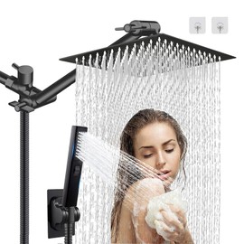 AWAXFOLO 12" High Pressure Square Rain Shower Head and 2-in-1 Hand Shower, Rainfall Showerhead with 13" Shower Arm, Equipped with 78" Hose, Adhesive Shower Head Holder (Square Shower Head Set Black)