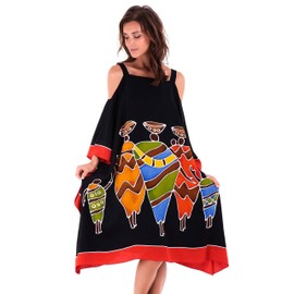 SHU-SHI - Ladies Poncho Style Kaftan Dress - Cutouts at Shoulders - Short - Wear Over Swimwear - Hand Painted Tribal Design - Plus Size, Family Black