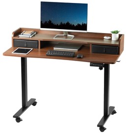 VIVO Electric 2-Tier Height Adjustable 48 x 24 inch Stand Up Desk, Mobile Table with Storage Drawers, Standing Workstation with Memory Controller, Casters, Dark Walnut Top, Black Frame, DESK-E-Y48SD
