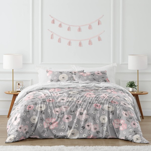 Sweet Jojo Designs Grey Watercolor Floral Girl Full/Queen Bedding Comforter Set Kids Childrens Size - 3 Pieces - Blush Pink Gray and White Shabby Chic Rose Flower Polka Dot Farmhouse