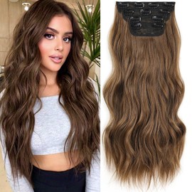 Mscat 20 Inch Brown Long Wavy Clip Hair Extensions Dark Brown Clip in Hair Extensions for Women Synthetic Hair pieces 4PCS Full Head Set Thick Curly Synthetic Hair Extensions(Brown#)