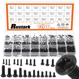 Rustark 1200Pcs 24 Sizes Black Phillips Pan Head Machine Screws Assortment Kit Carbon Steel Small Screws Fully Threaded Screw Bolts Metric Screws Hardware for Electronic Equipment Repair