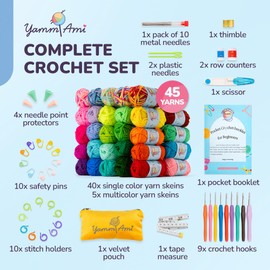 YammiAmi Beginner Crochet Kit for Adults & Kids - 98 Pc Amigurumi Crochet Kit for Starters - 1,620 Yards, 45 Skeins 18g/36yds Each Yarn, Learn to Crochet Kit, Crochet Accessories Set