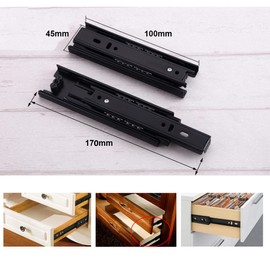 Tianher Drawer Guide, Full Extension, Drawer Runners, Ball Bearing, 100 mm, 3 Folds, Full Extension, Side Assembly, 45 kg Load Capacity, Drawer Guide, Black, 4 Inch, 1 Pair (Pack of 2)