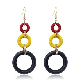 KaFu Bohemian Wood Earrings for Women Vintage Natural Geometric Hollow Hoop Wooden Dangle Earrings Lightweight African Statement Earrings Jewelry (red+yellow+black)