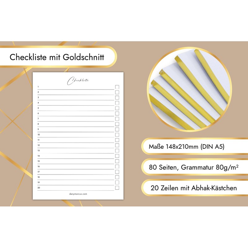 Dany Marcus Checkliste mit Goldschnitt, Aufgabenplaner mit Gold, To-Do-Liste, Liste
