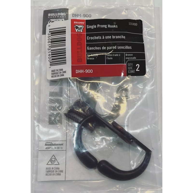Bulldog 4 Pack Bulldog Wall Hook, Robe, Single Prong Hook,