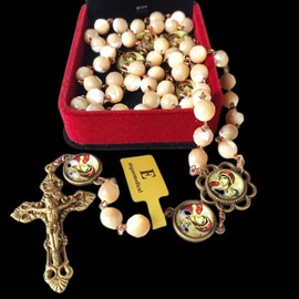elegantmedical HANDMADE Mary Help of Christians ROSARY Faceted MOTHER-OF-PEARL BEADS CRUCIFIX CROSS NECKLACE BOX