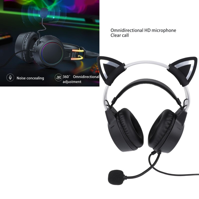 Lightweight Gaming Headset with Detachable Cat Ears, Noise Concealing RGB