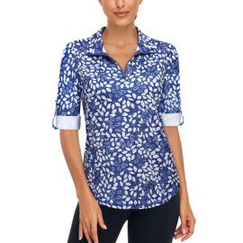 LURANEE Golf Shirts for Women Dry Fit,Polo Shirts Moisture Wicking Shirts Workout Running Pullover Stretchy V Neck Zipper Training Hiking Gymwear Sport White Leaf Blue L