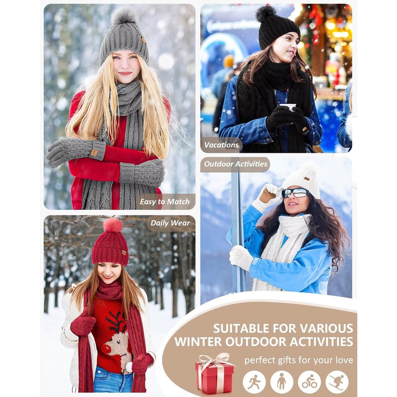 Womens Beanie Hat Scarf Gloves Set, Soft Fleece Lined Winter