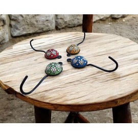 JGARTS Set of 4 Mixed Ceramic, Vintage Shabby Chic Look Coat, Clothes, Jewelry and Key Hooks for Wall or Door, Beautiful Hangers in Yellow Red Sky Blue Green colos Design 05