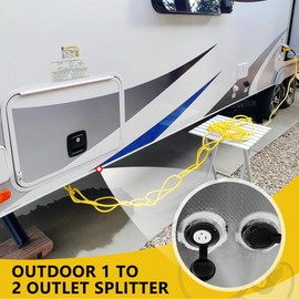 Dreyoo Outdoor Power Outlet, 15A 125V Waterproof Extension Cord Splitter, 1 to 2 Outlet, 20 Inch 3 Prong With Waterproof Rubber Cover, Power Cord Y Splitter for RV Yacht