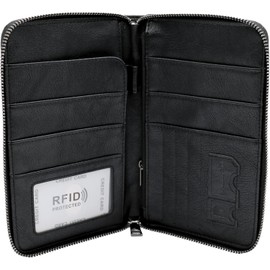 Porta Pasaporte Familiar RFID de Viaje para Hombre y Mujer. Organizador Premium de Documentos con Cierre, Espacios para Pasaportes, Tarjetas, Celular. Cartera de Viaje Elegante. (NEGRO)