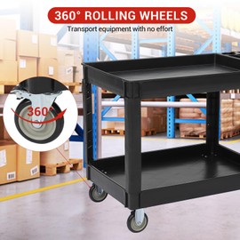 Plastic Service Cart 2 Shelf-550LBS Utility Service Carts with Wheels, Multifunctional Plastic Rolling Work Cart On Wheels,360°Swivel Wheels, Ergonomic Storage Handle