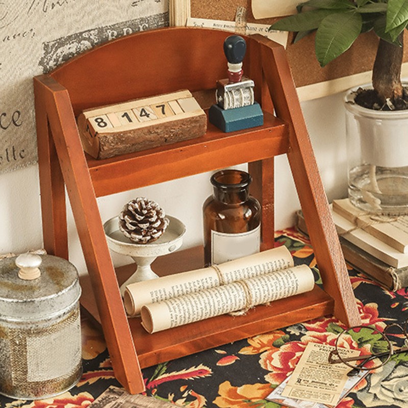 Desktop Organizer Retro Aesthetic Office Storage Rack Home Decor Wood