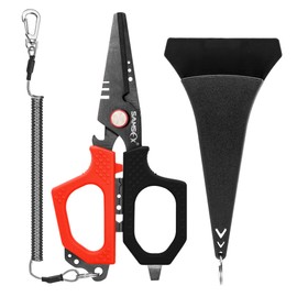 SAMSFX 6.5" Pro Fishing Shears Dual Serrated Blades, Fishing Braided Line Scissors with Titanium Coating, Non-Slip Grip & Multifunction Tool, Includes Hard Molded Locking Sheath & Coiled Lanyard