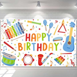 Ticuenicoa Happy Birthday Banner 70.8x43.3in, Musical Instruments Theme with Colorful Xylophone, Guitar & Drums for Kids Party Decor