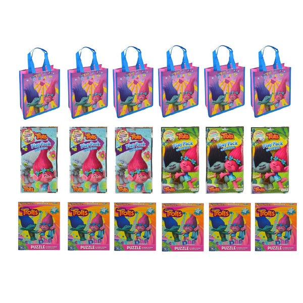 Trolls Assorted Party Favor Small Non-Woven Tote Bag, Play N Go Game & Puzzles-18 Pcs