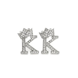 Fashion 21 Unisex Crown Tilted Initial Alphabet Letter Pierced Post Stud Earring Gold, Silver Tone (K - Silver)