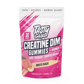 TASTY GAINS Creatine Gummies for Women | 3g Creatine Monohydrate Per Serving | DIM Supplement 100 mg | Estrogen Balance for Women | Hormonal Acne, Hormone Balance, Glute Builder | White Peach Flavor