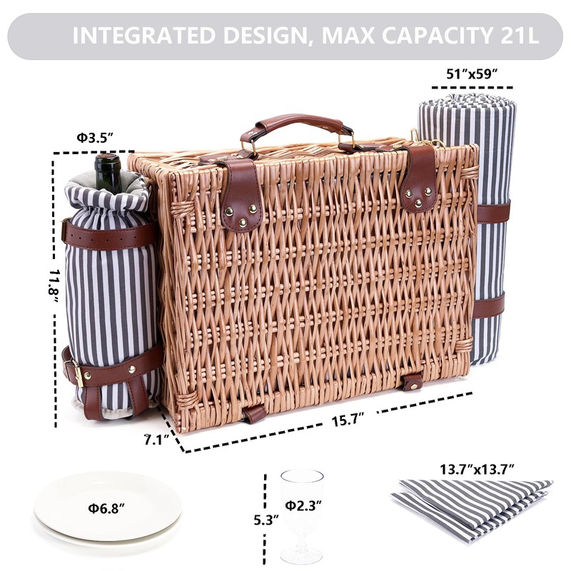 Picnic Basket with Blanket and Wine Pouch for 2 Wicker