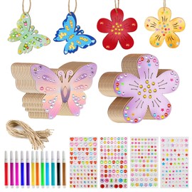 LPZMPZ Pack of 40 Craft Sets for Children, Butterfly Wooden Craft Ideas, Children's Birthday Party with Watercolour Pen and Gemstone Stickers, Butterfly Crafts for DIY Craft Set Children